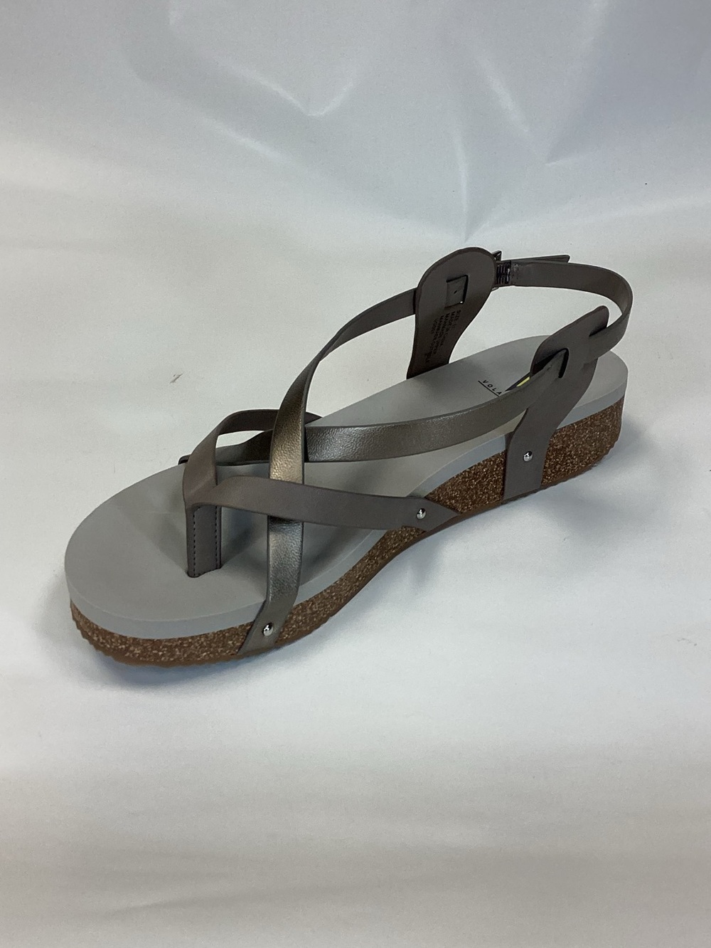 Volatile Gray Metallic Strappy Cork Wedge Sandal